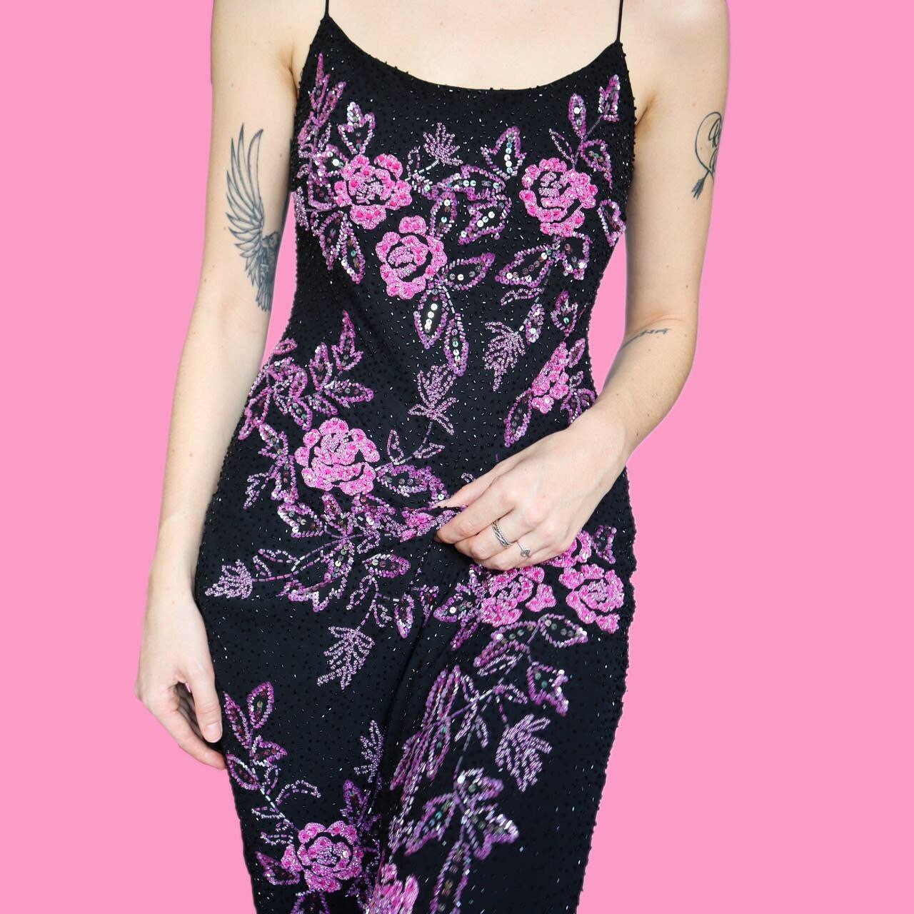 Beautiful vintage John Charles beaded floral evening prom dress UK 10