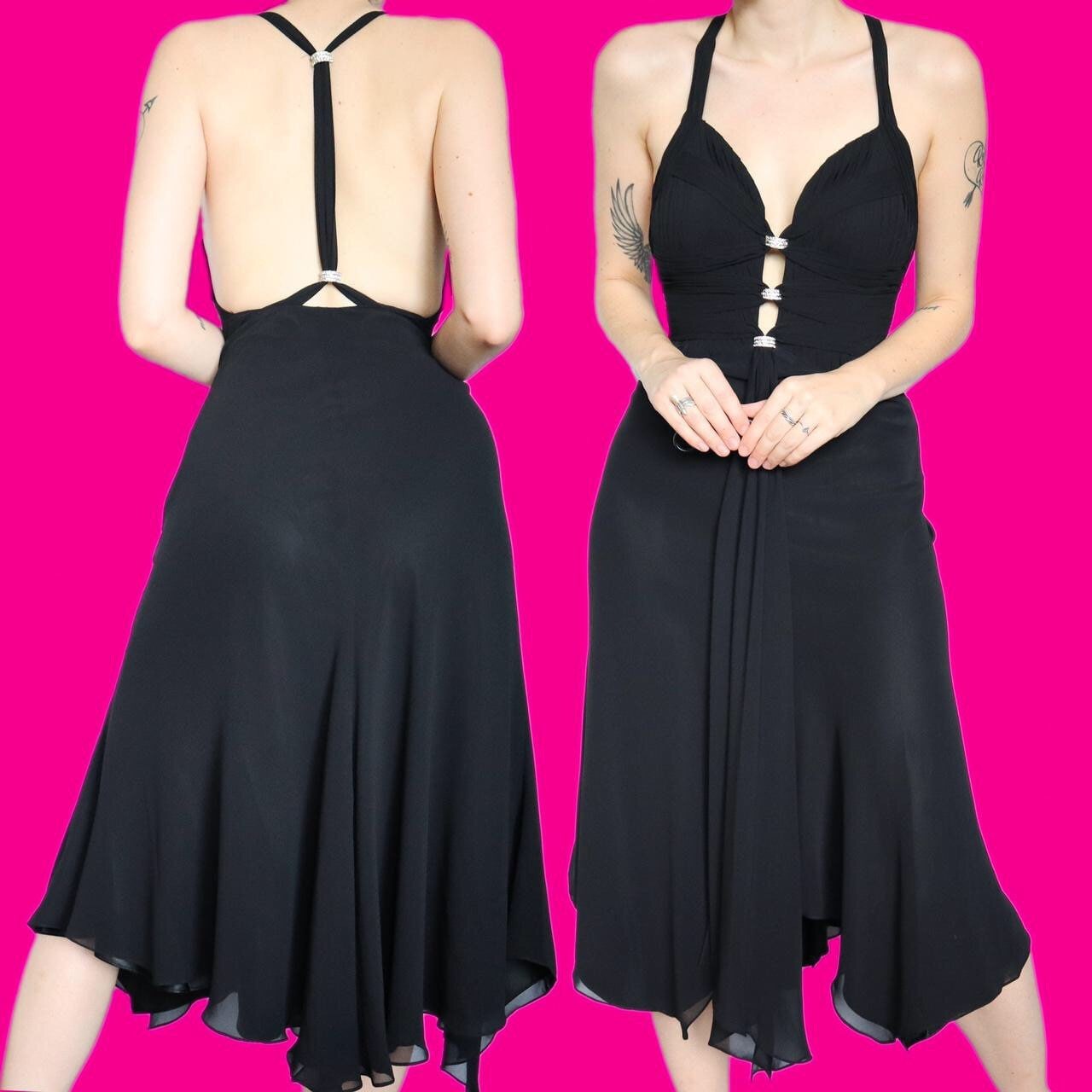 Super chic vintage chiffon black diamanté midi party dress UK 10