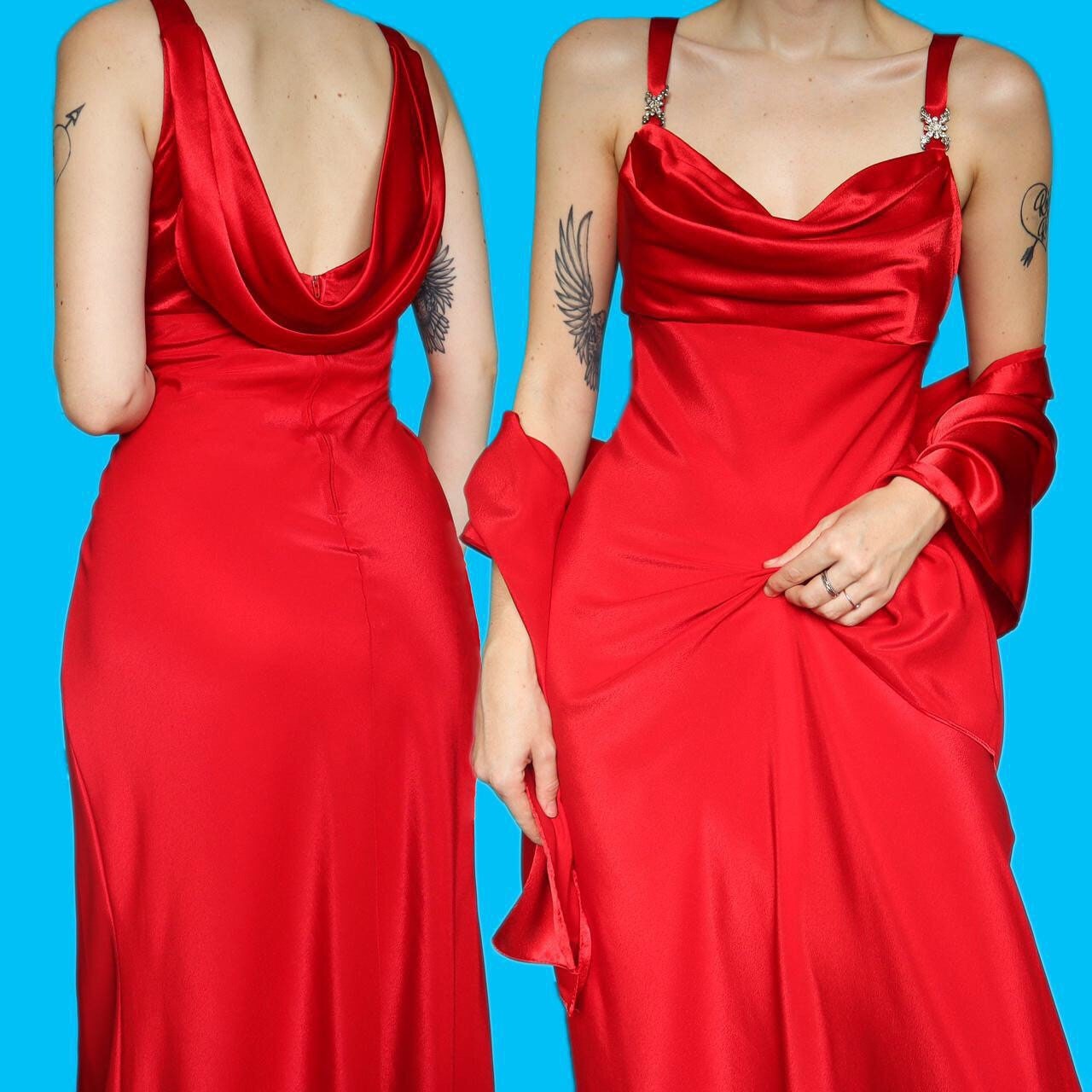 Beautiful vintage diamanté red evening dress with matching shawl UK 16