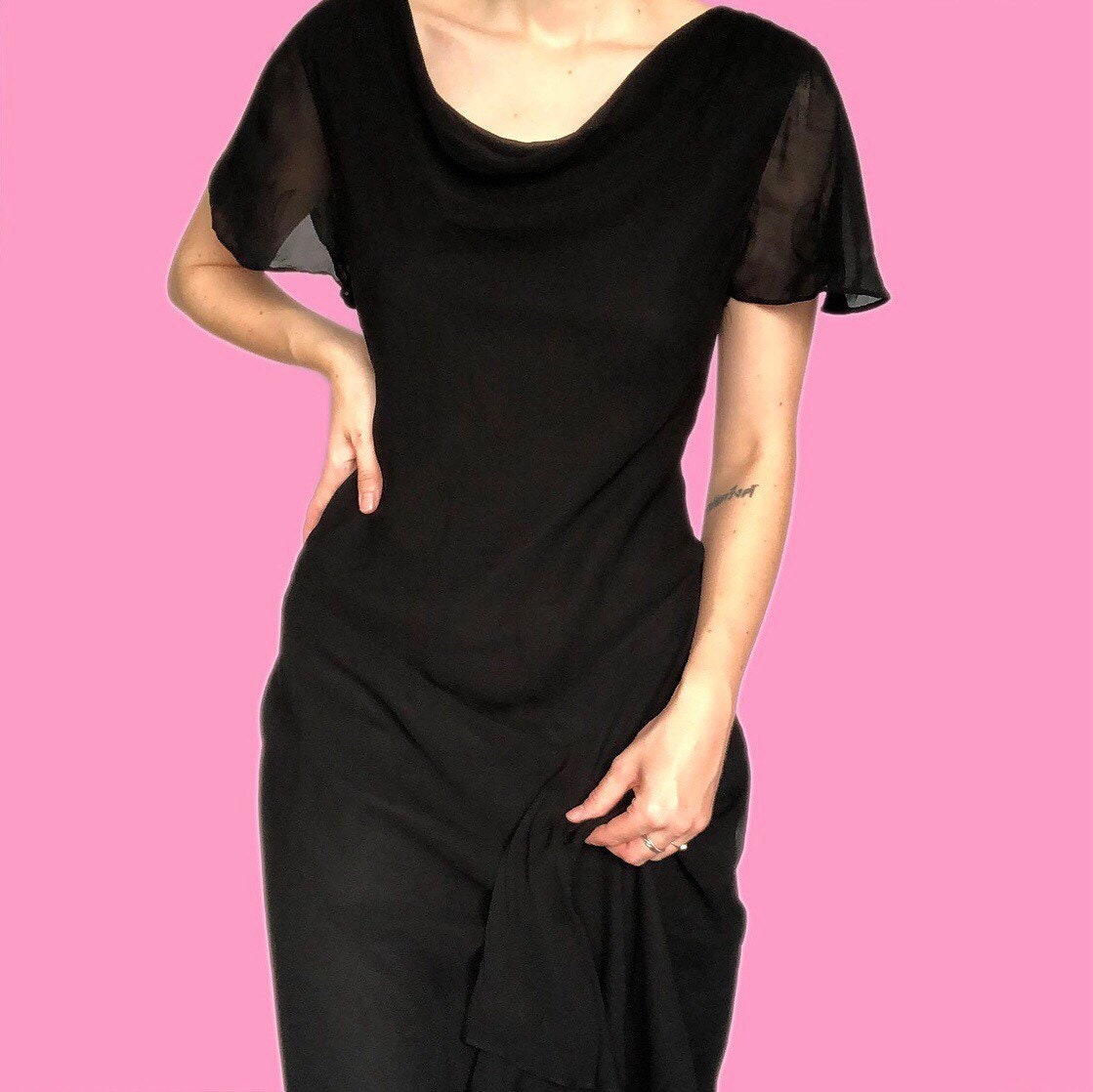 Chic vintage black chiffon midi dress UK 12