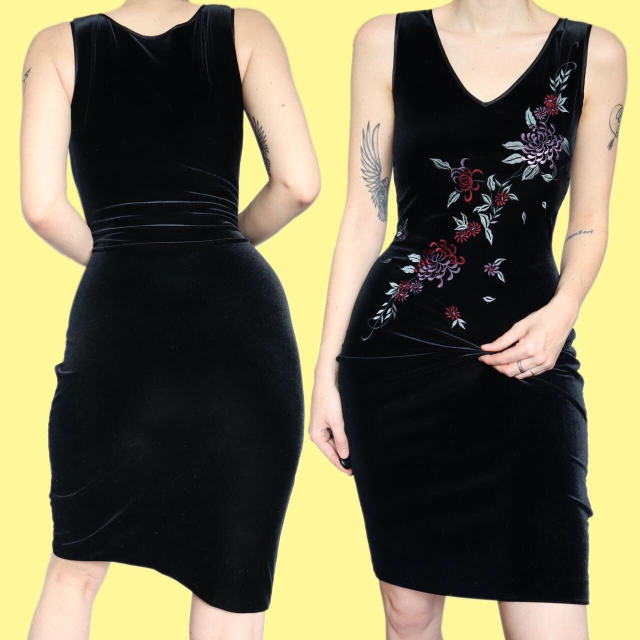 Beautiful black velvet stretch floral mini dress UK 10