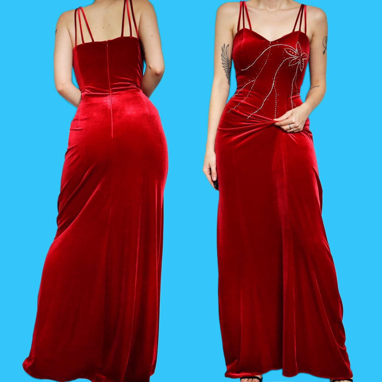 Beautiful vintage red velvet beaded evening prom dress UK 12