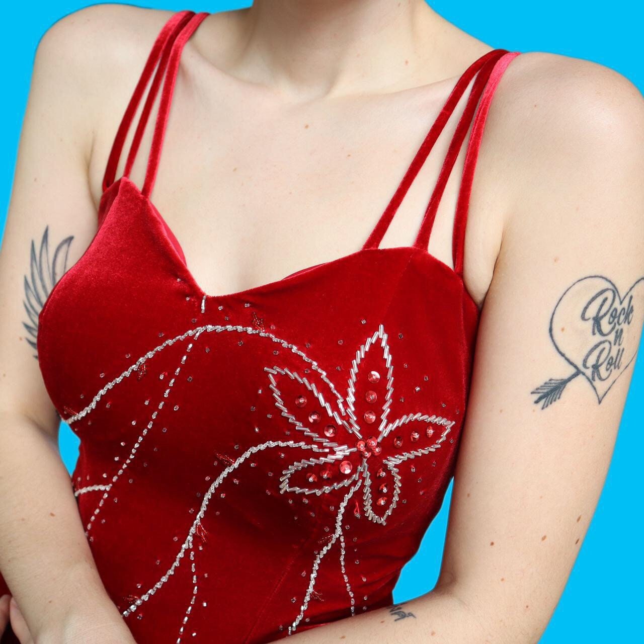 Beautiful vintage red velvet beaded evening prom dress UK 12