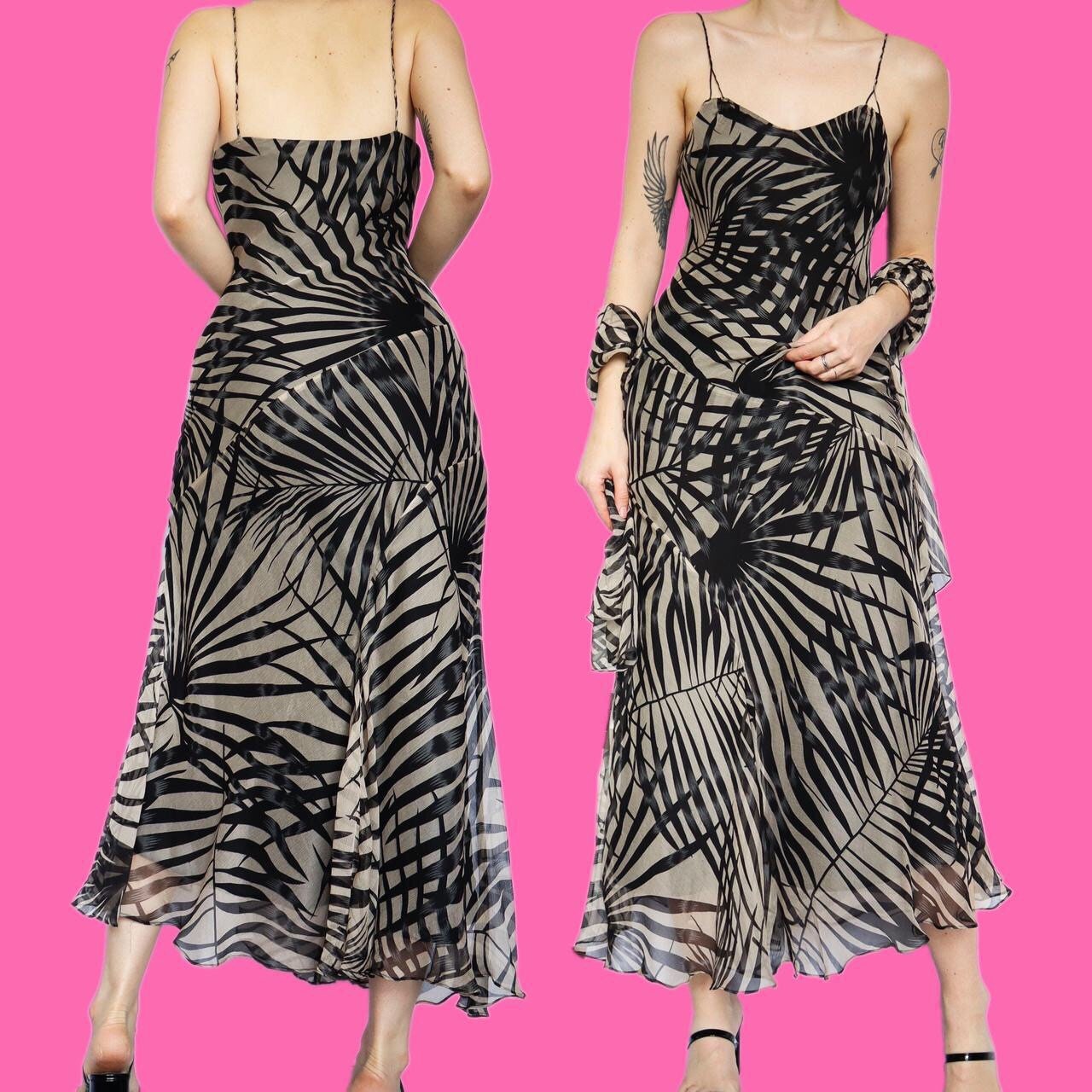 Beautiful leafy print 100% silk dress & shawl UK 10