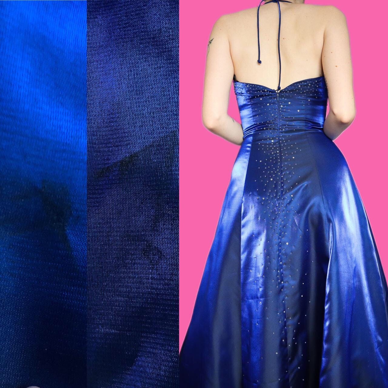 Stunning vintage silky blue beaded a-line ball gown prom dress UK 10