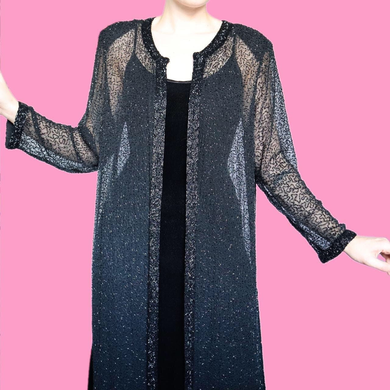 Beautiful vintage Frank Usher 100% silk sheer black maxi jacket UK L