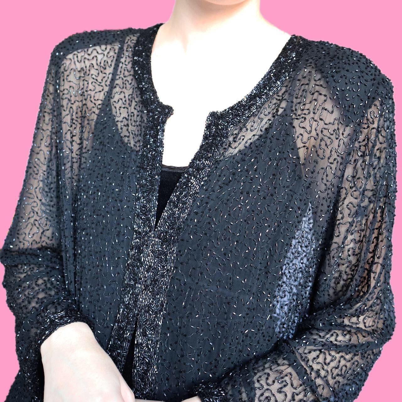 Beautiful vintage Frank Usher 100% silk sheer black maxi jacket UK L