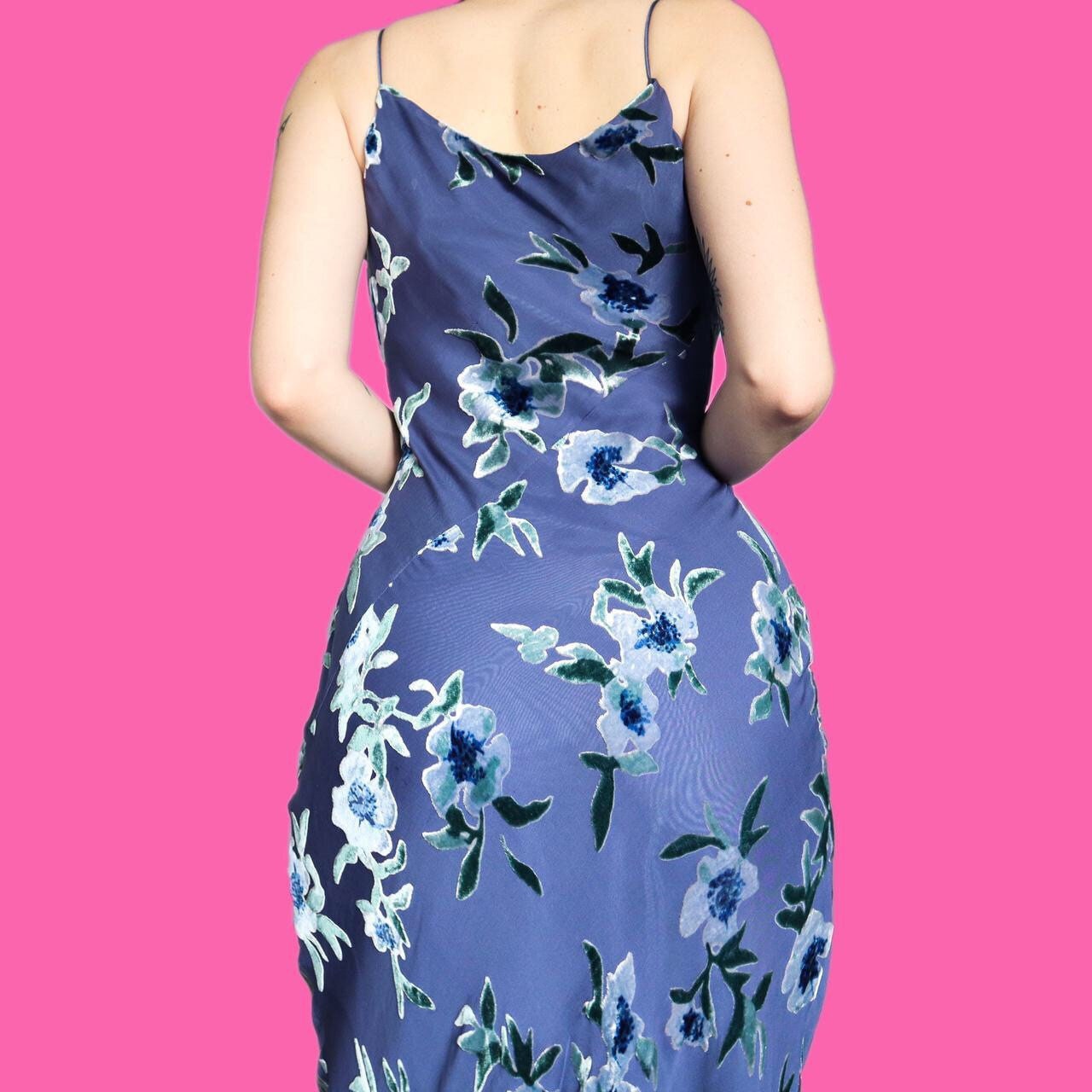 Stunning blue velvet floral evening slip dress with matching shawl UK 12