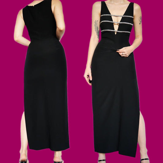 Beautiful chic vintage black diamanté evening dress UK 10