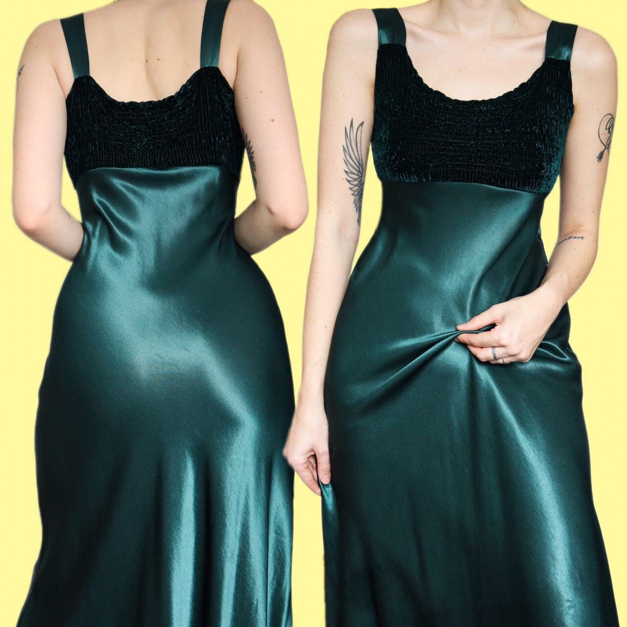 Stunning vintage 90s green satin evening slip dress UK 12