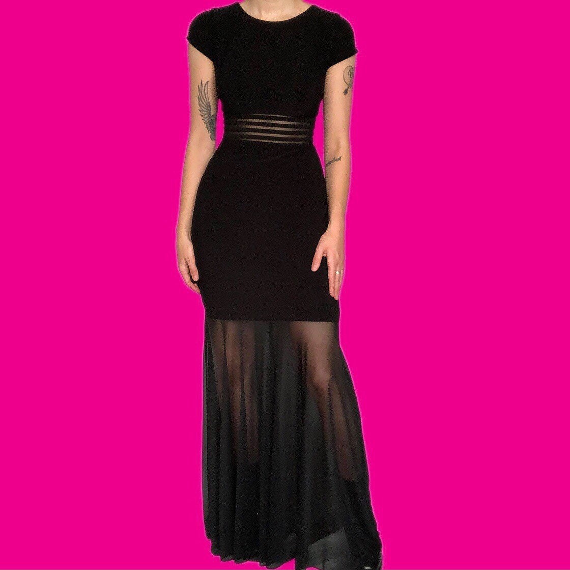 Beautiful vintage black short sleeve sheer cut out evening dress UK 10