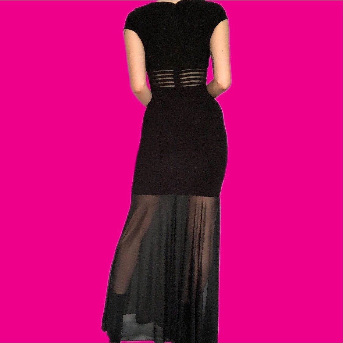 Beautiful vintage black short sleeve sheer cut out evening dress UK 10