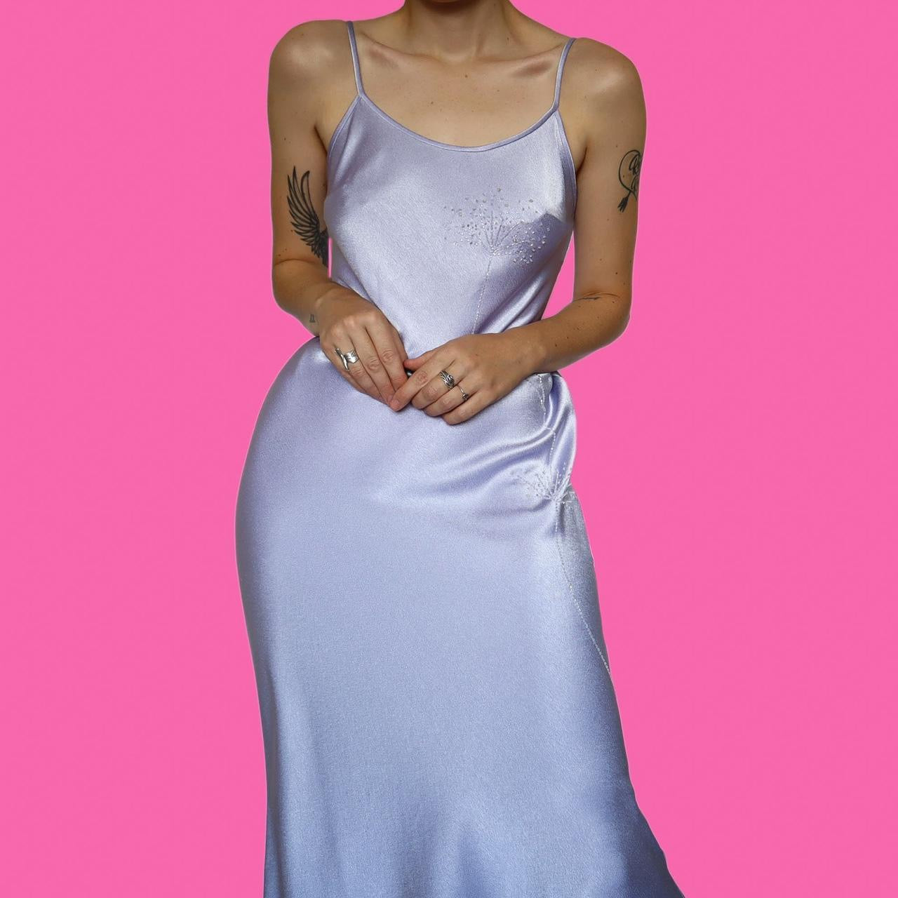 Silky lilac beaded slip evening dress UK 12