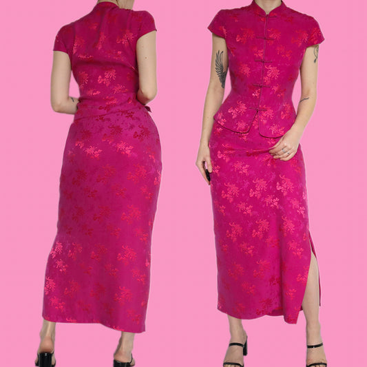 Beautiful bright pink silk blend floral 2 piece top & skirt set UK 14