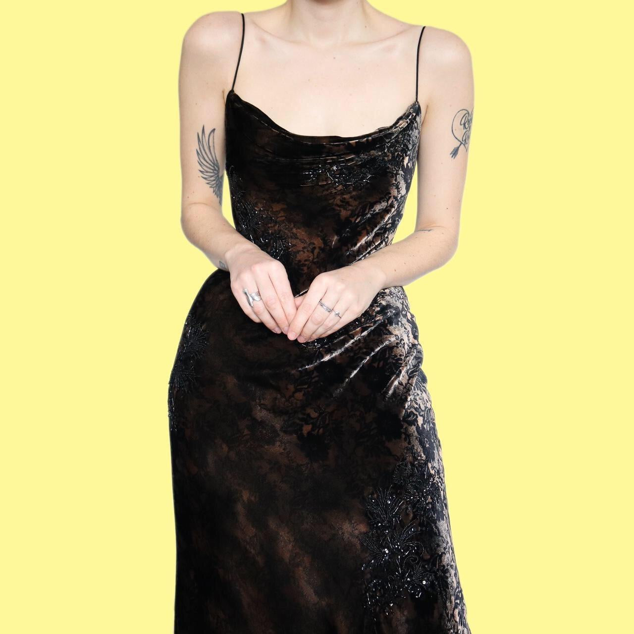 Beautiful silk blend brown & black velvet beaded evening dress UK 16