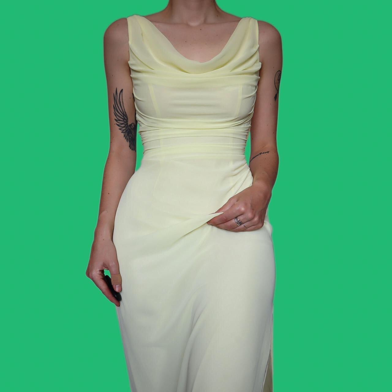 Stunning yellow draped chiffon DUSK by Frank Usher evening dress UK 12