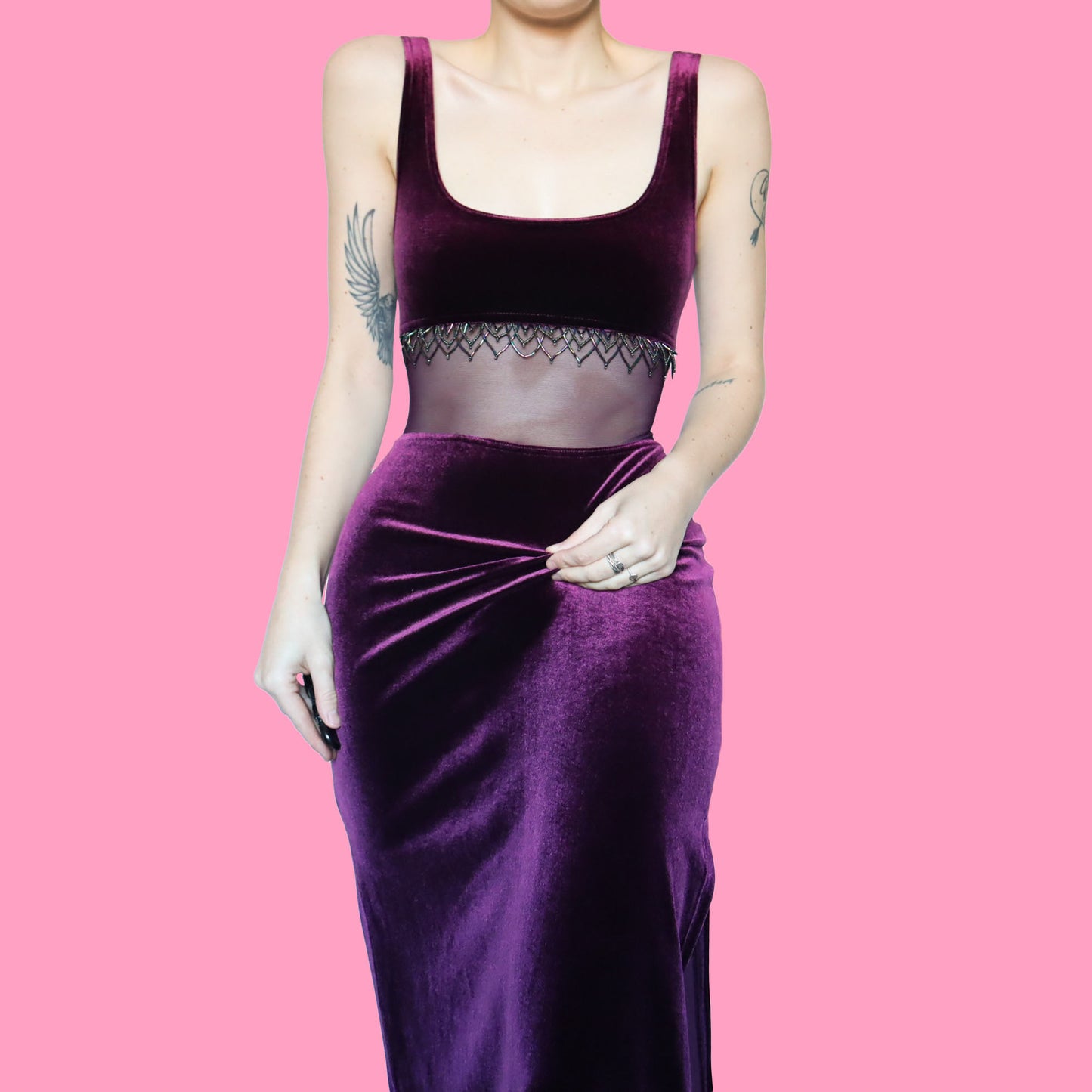 Purple velvet beaded midi dress UK 12