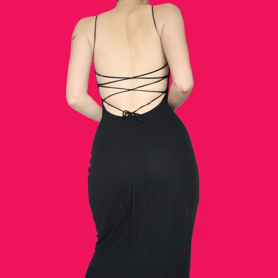 Black lace up back evening dress UK 10