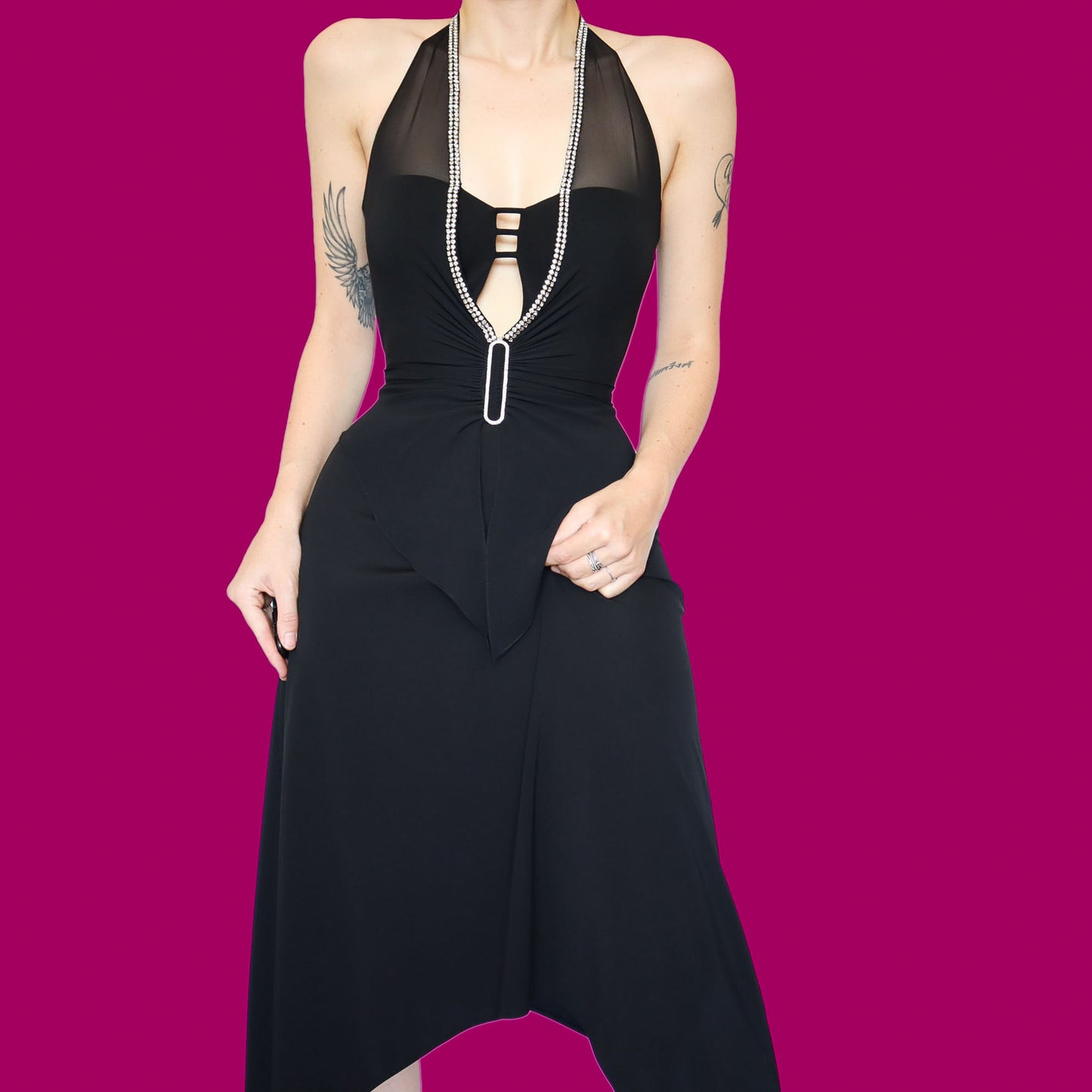 Chic black diamanté midi dress UK 10