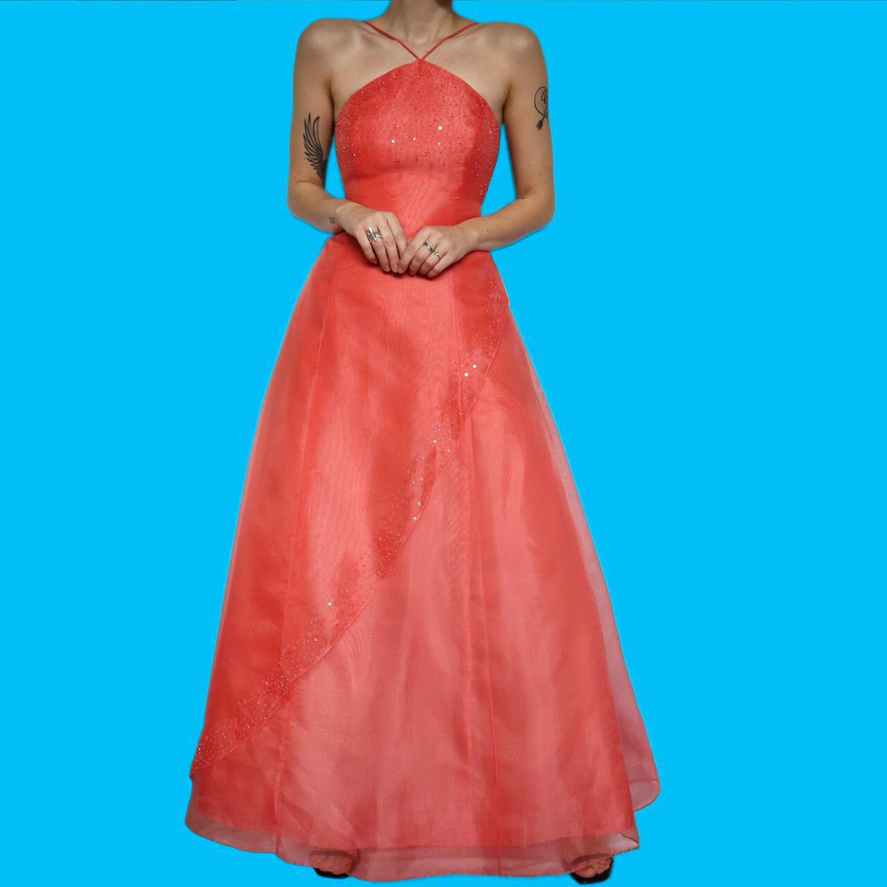 Beautiful peach organza a-line evening dress UK 10