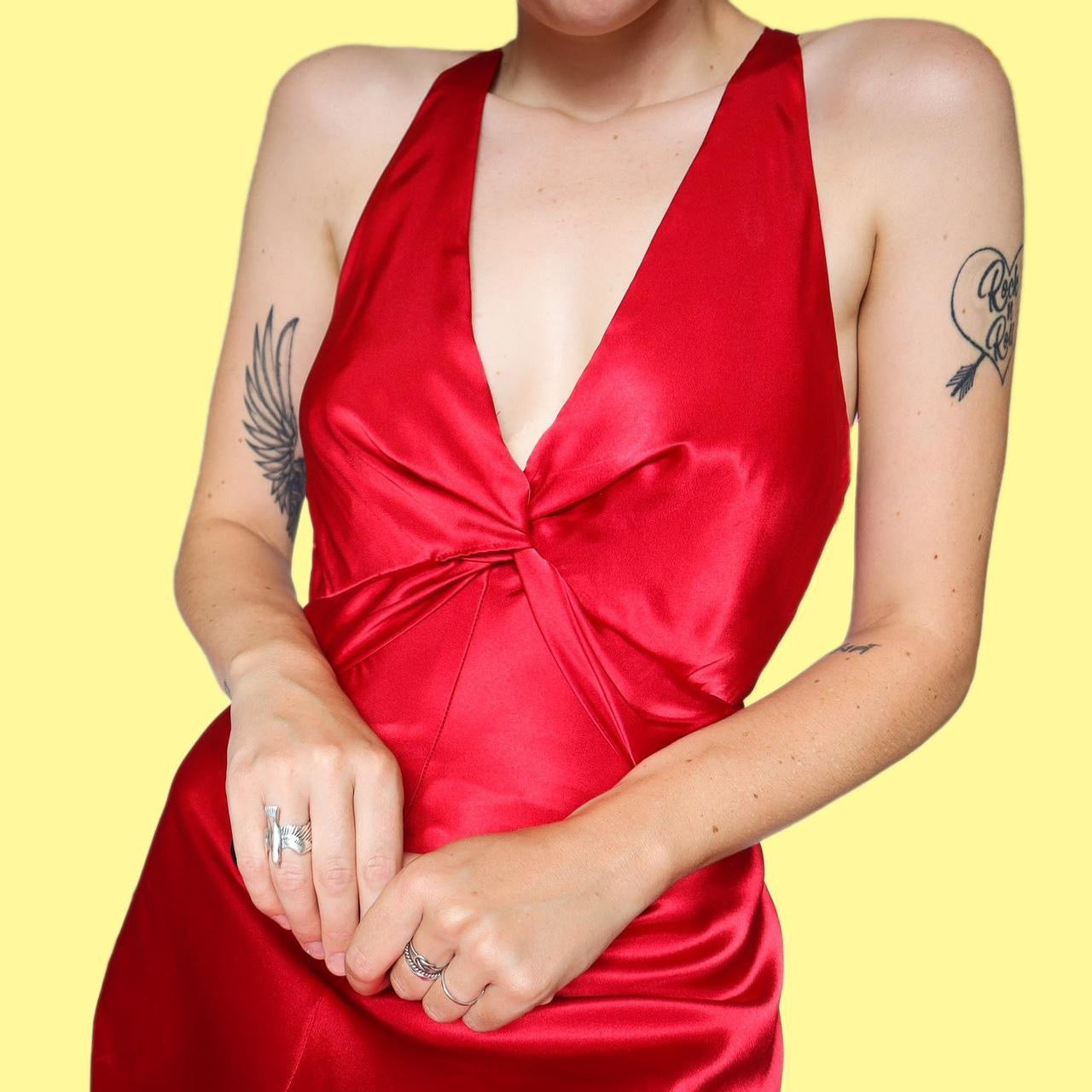 Red satin open back evening dress UK 14