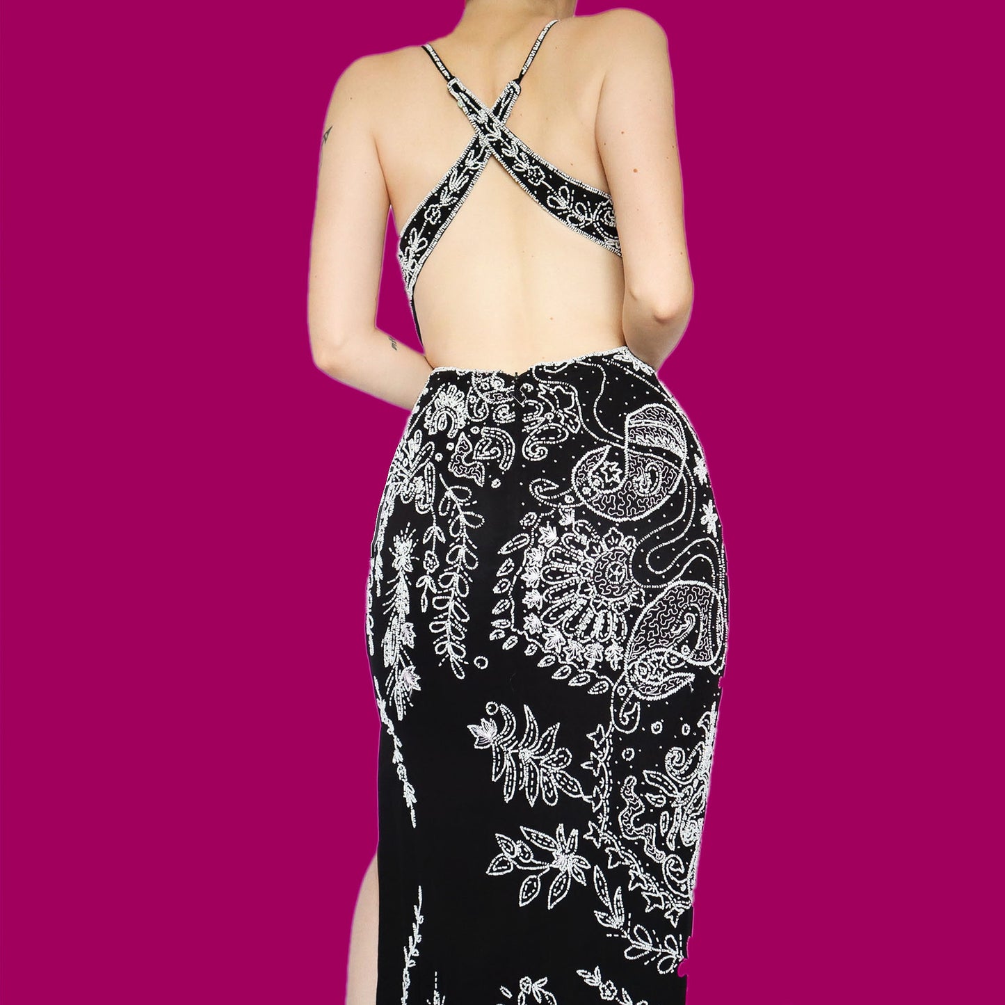 Black & white heavily beaded evening dress UK 10