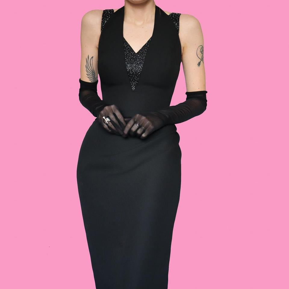 Black beaded fitted evening dress UK 14