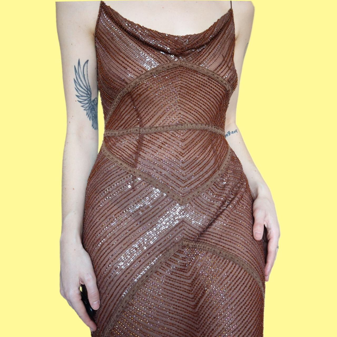 Beautiful 100% silk caramel brown party dress UK 12