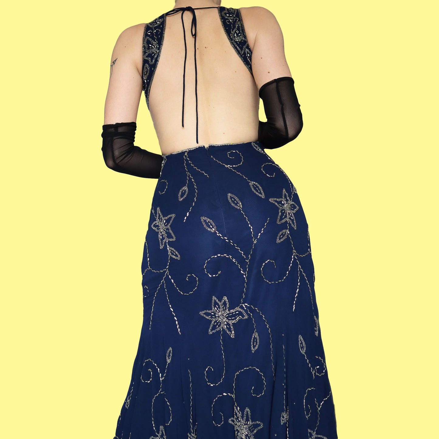 Navy blue beaded open back evening dress UK 10