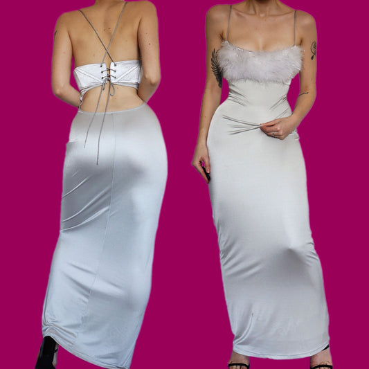 Beautiful Dawn Stretton silver evening dress UK 10