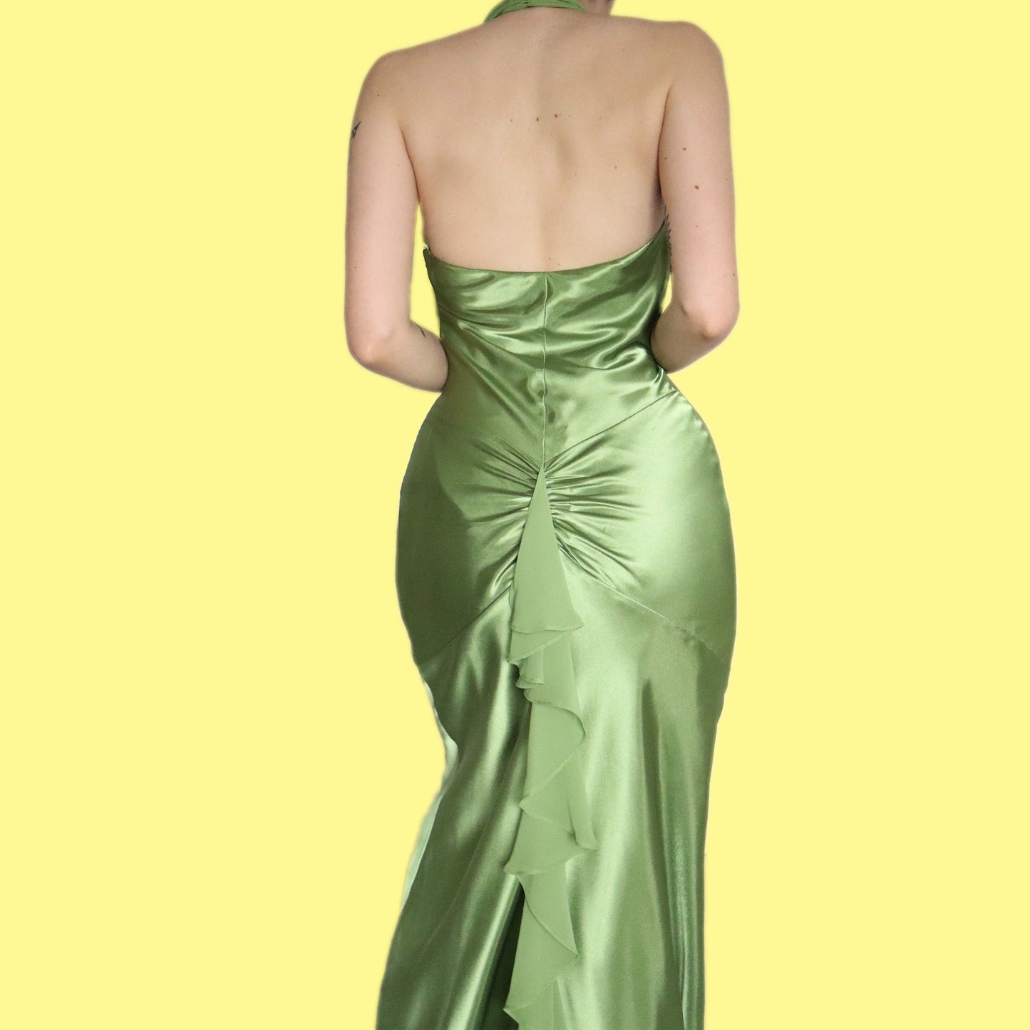 Stunning olive green satin evening dress UK 10