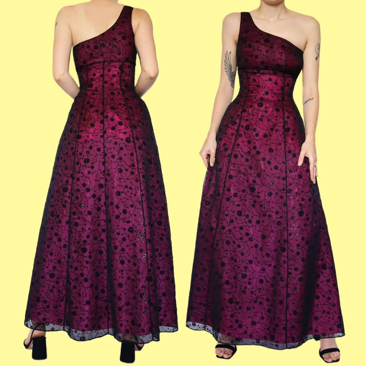 Beautiful one should glittery black/pink floral evening dress UK 12
