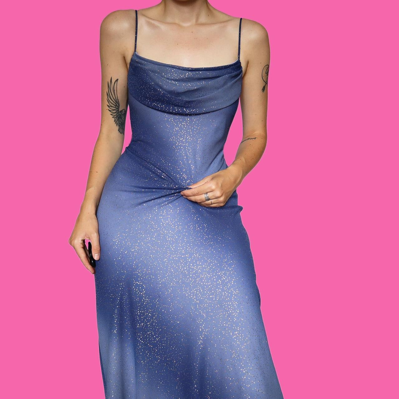 Blue Glitter Slip Evening Dress UK 12