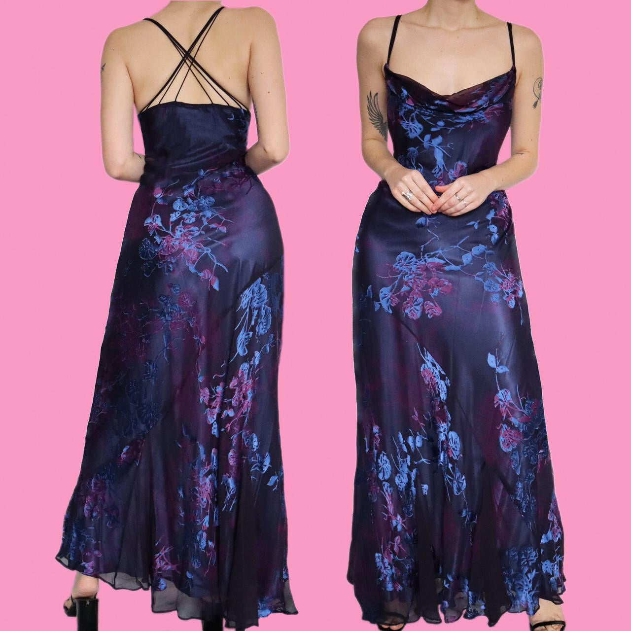 Beautiful 63% silk blend blue floral slip dress UK 16