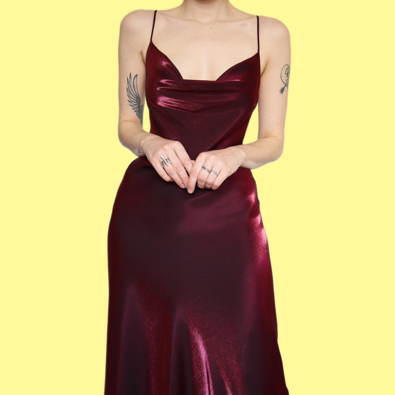 Stunning burgundy silky satin evening slip dress UK 14