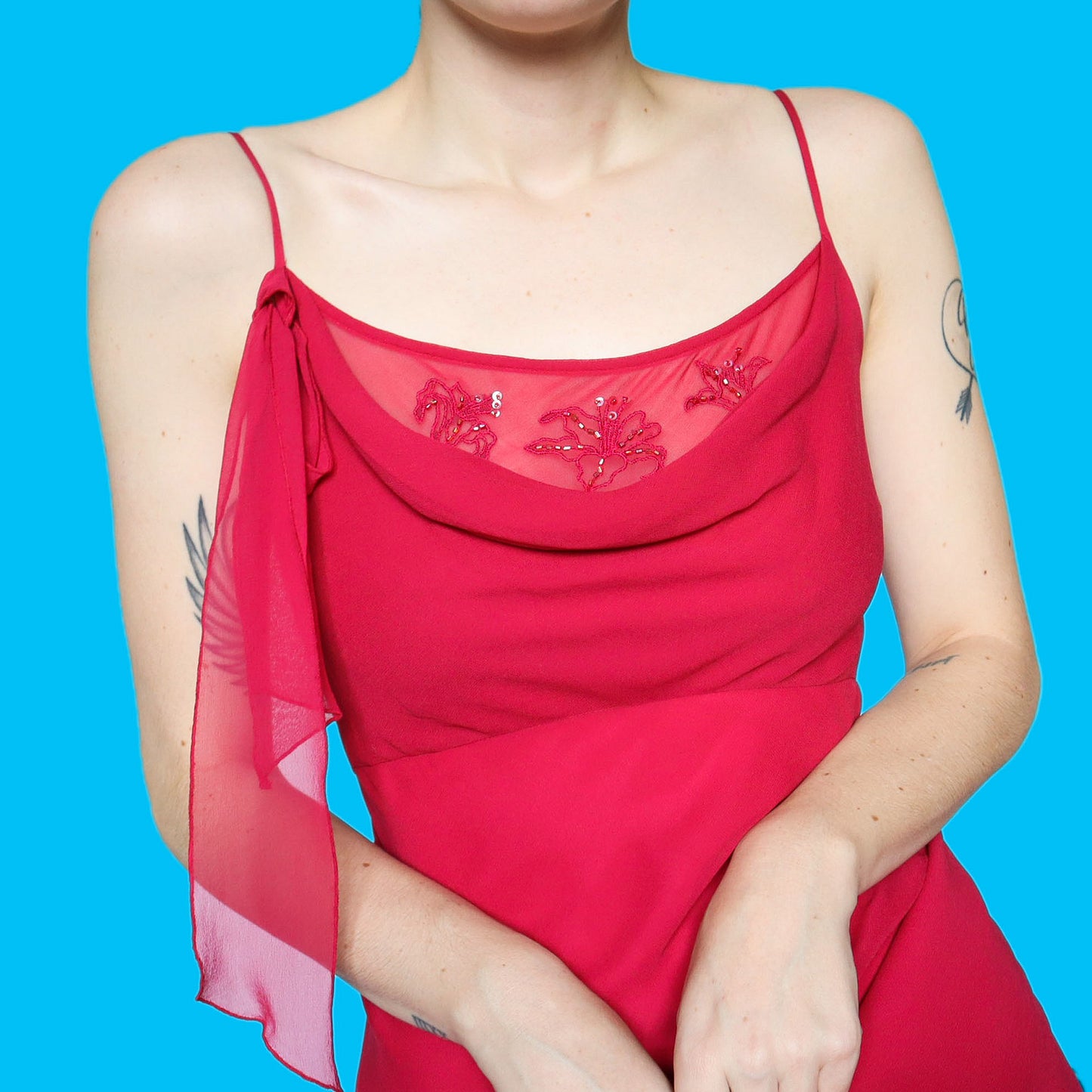 Red 100% silk slip midi dress UK 12