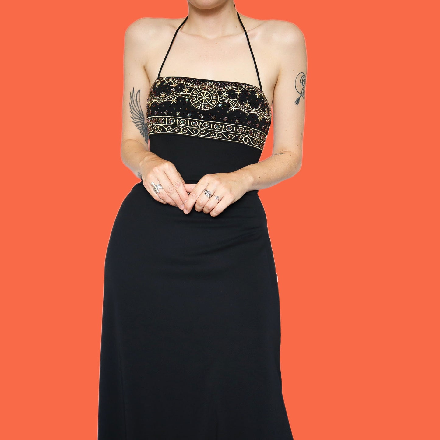 Beautiful black stretch a line halter-neck evening dress UK 12