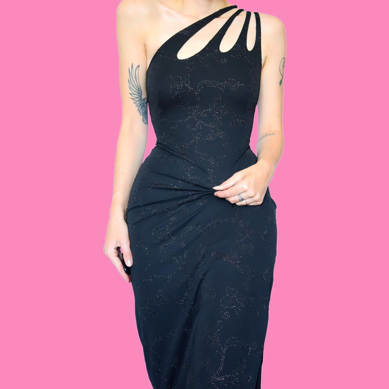 Black one shoulder stretch evening dress UK 12