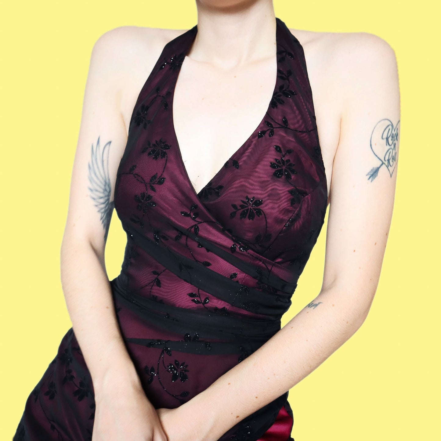 Red floral glittery halter neck evening dress UK 8