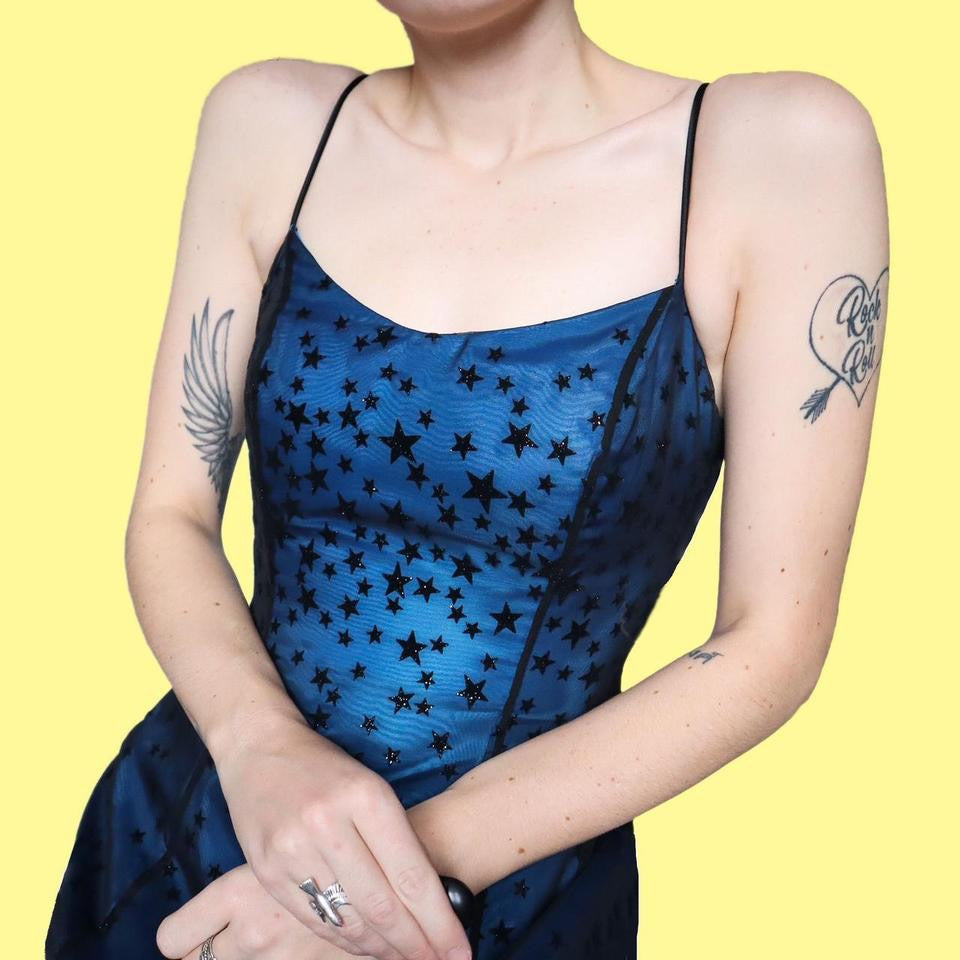 Glittery blue star print a line dress UK 8