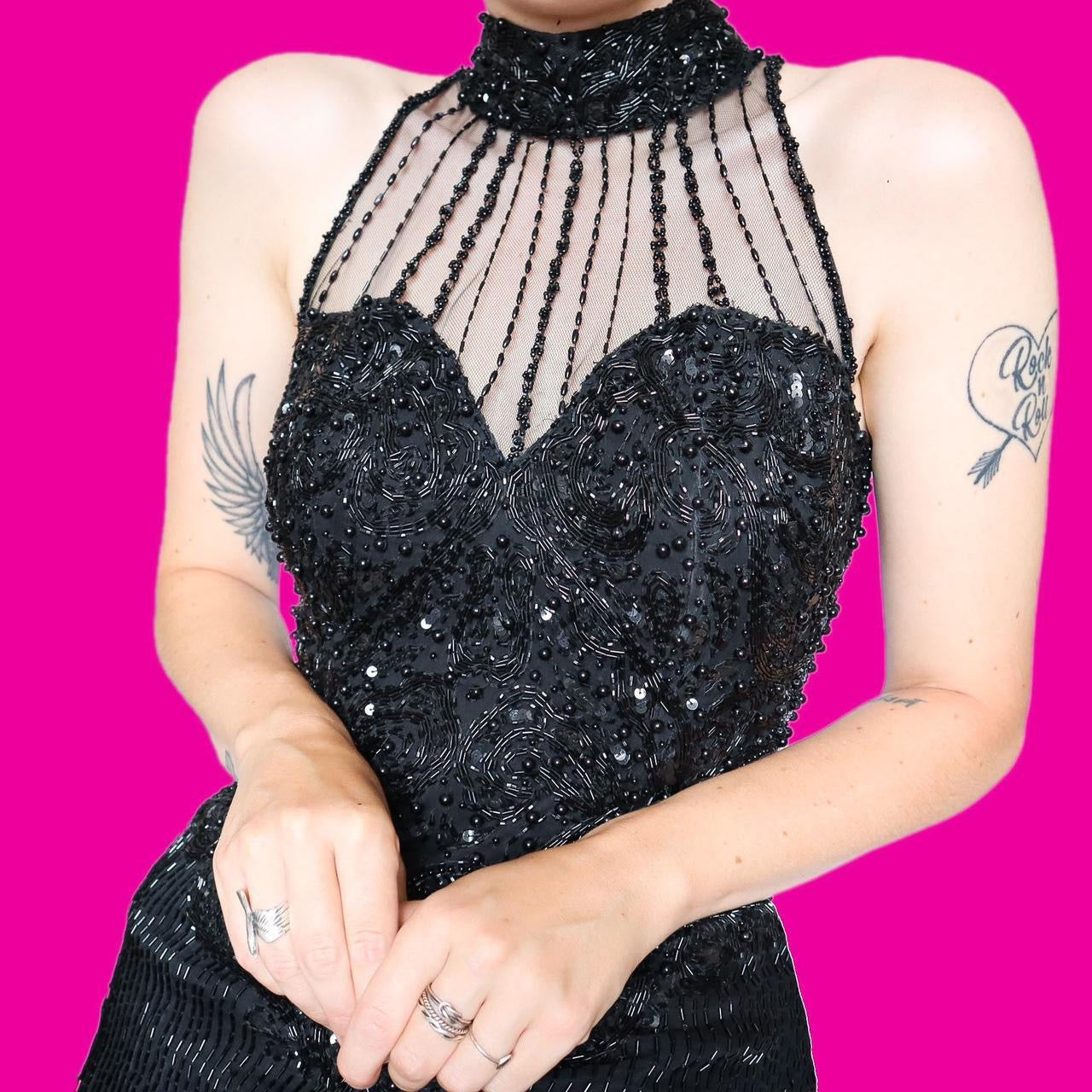 Beautiful black heavily beaded high neck evening dress UK 10