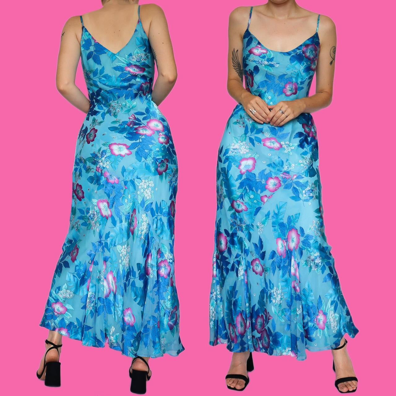 Beautiful silk blend bright blue floral slip dress UK 12