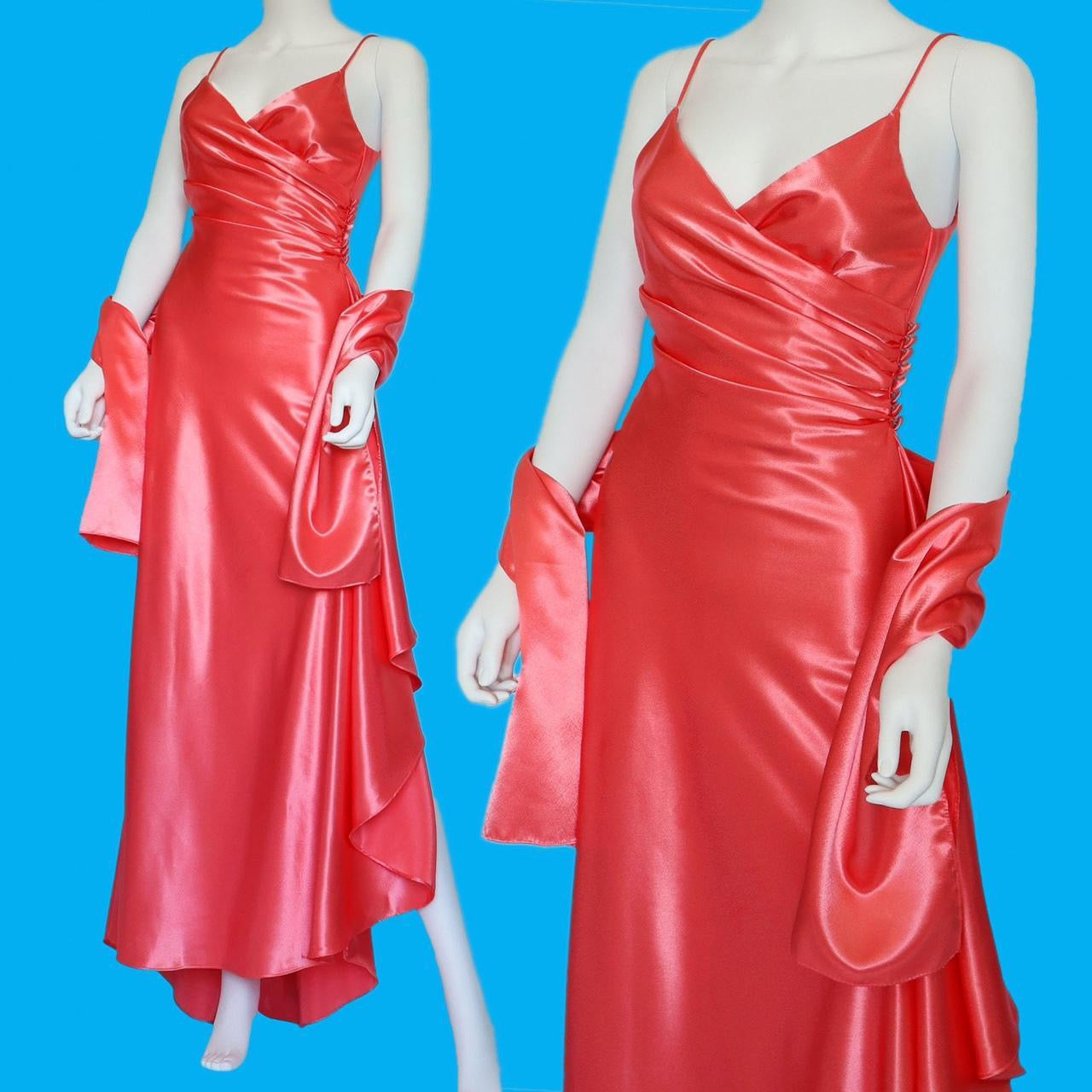 Silky satin coral evening dress with shawl UK 6