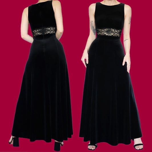 Beautiful black velvet a line sheer waist evening dress UK 12