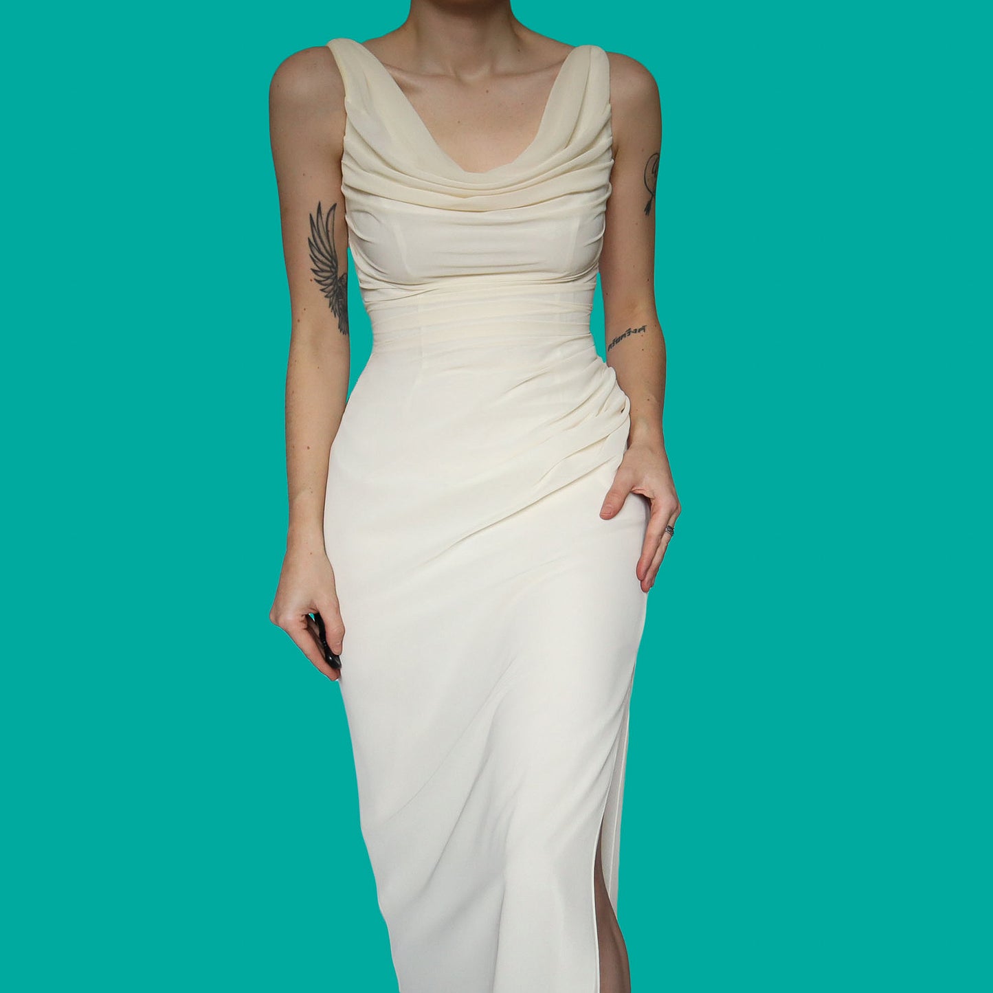 Cream chiffon draped evening dress UK 10