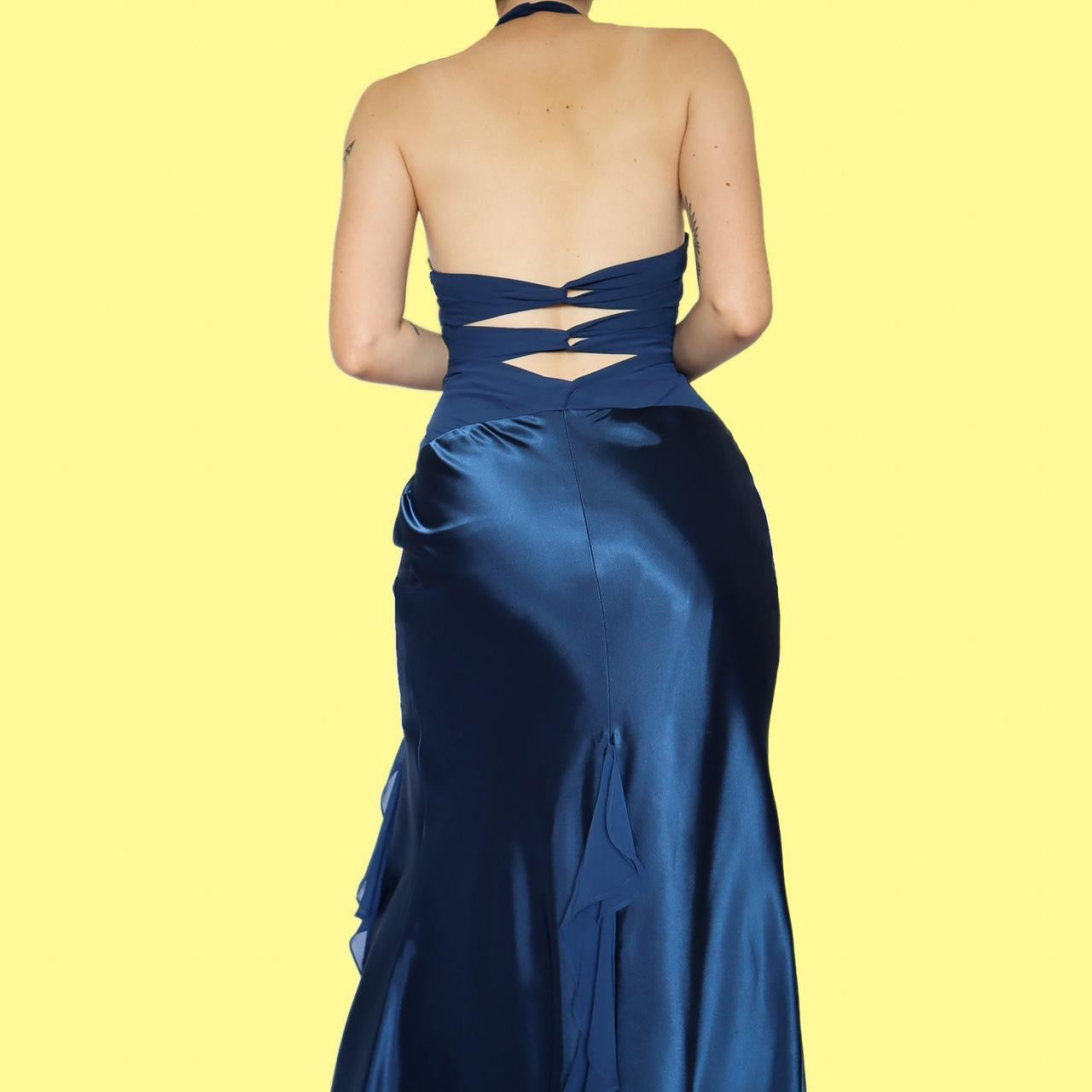 Blue satin diamanté halter neck evening dress UK 10