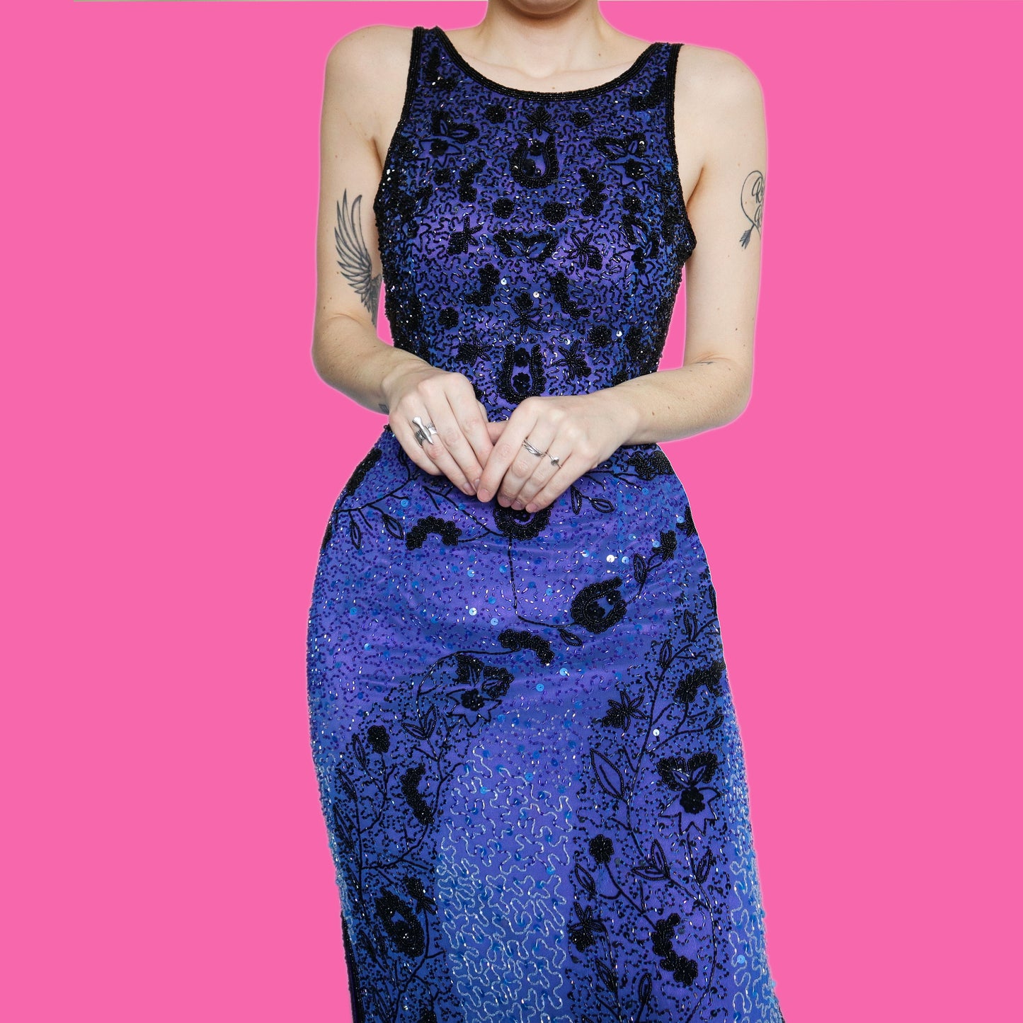 Beautiful purple 100% silk heavily beaded evening dress UK 10