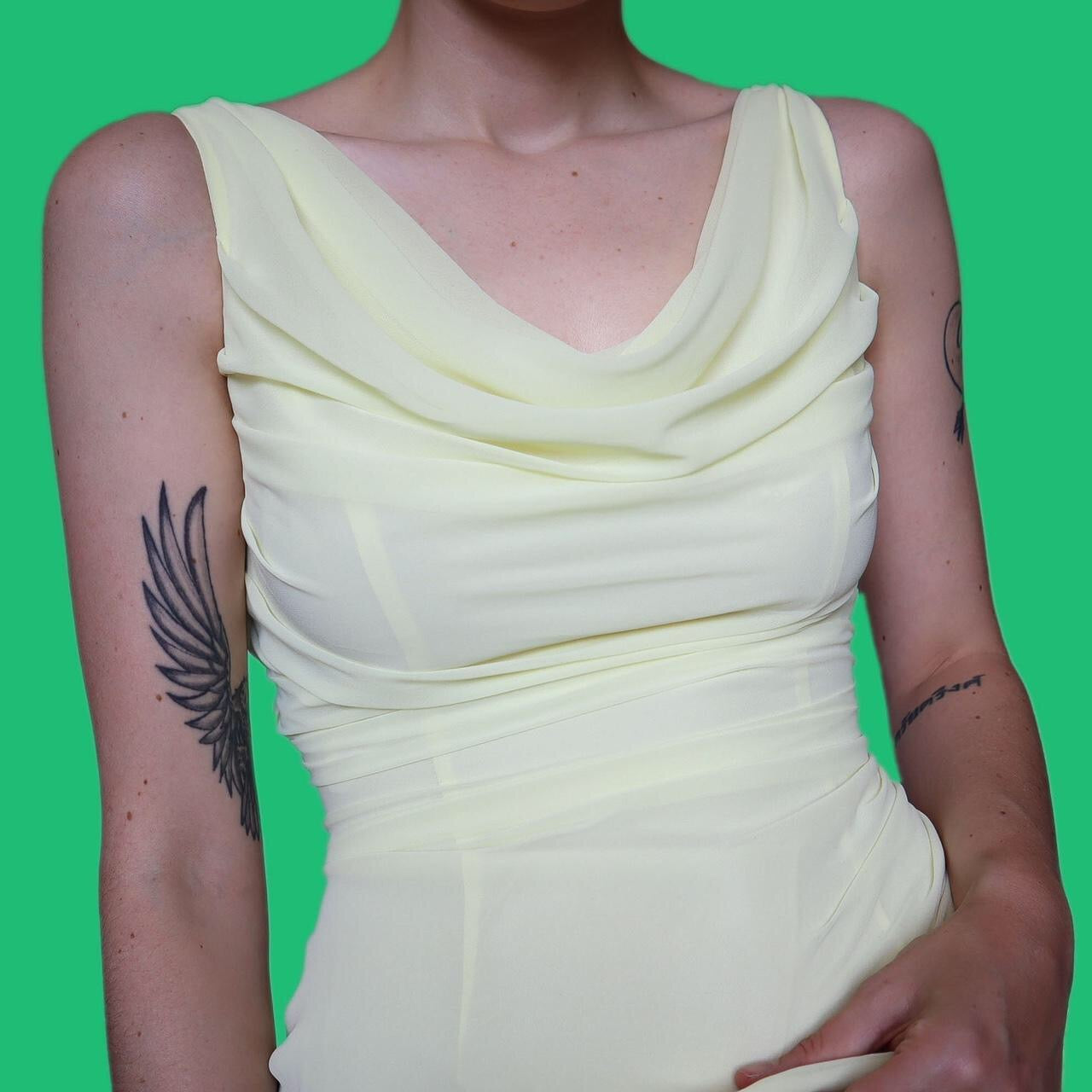 Stunning yellow draped chiffon DUSK by Frank Usher evening dress UK 12