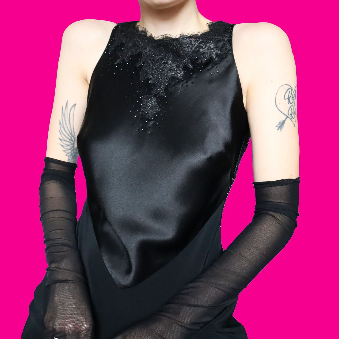 Black lace open back evening dress UK 10