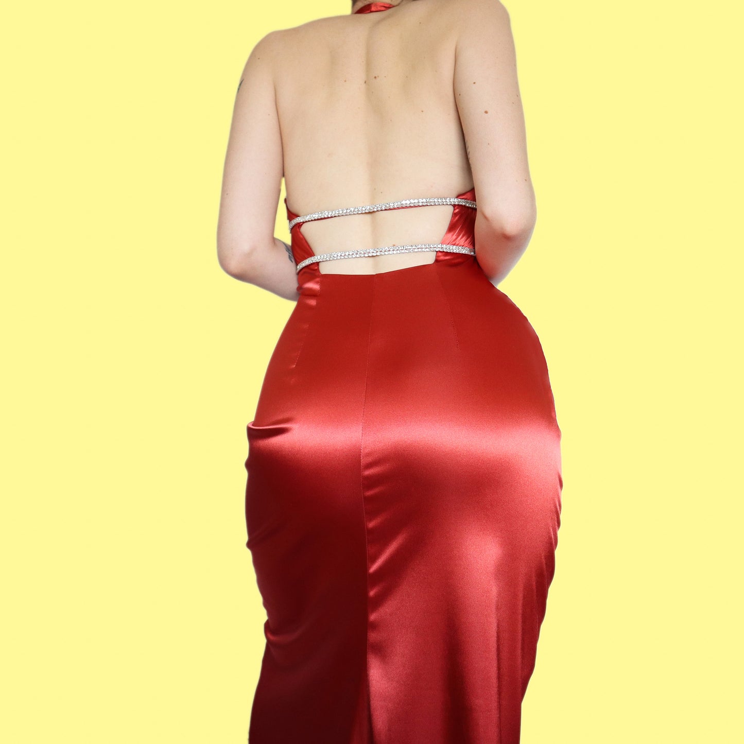 Beautiful orange satin diamanté evening dress size UK 12